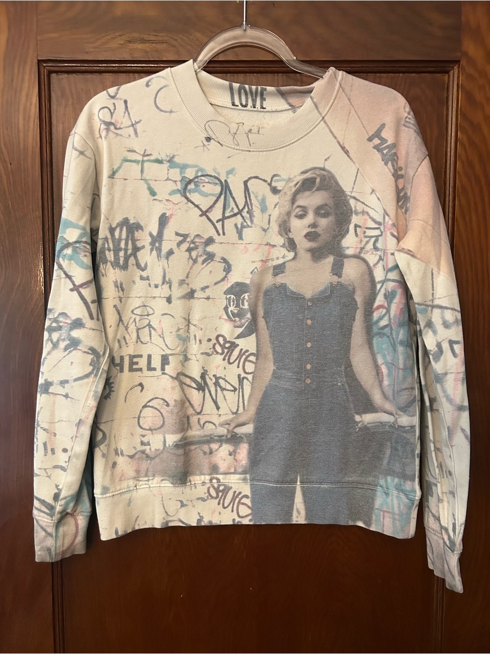Marilyn Monroe Graffiti Print White Crew Neck Sweatshirt Small